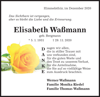 Traueranzeige von Elisabeth Waßmann von Hildesheimer Allgemeine Zeitung