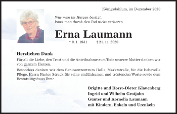 Traueranzeige von Erna Laumann von Hildesheimer Allgemeine Zeitung