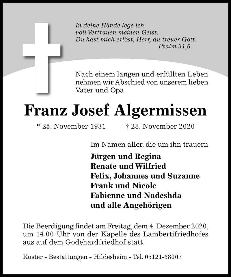  Traueranzeige für Franz Josef Algermissen vom 02.12.2020 aus Hildesheimer Allgemeine Zeitung