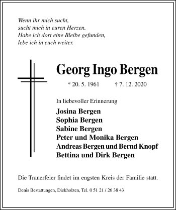 Traueranzeige von Georg Ingo Bergen von Hildesheimer Allgemeine Zeitung