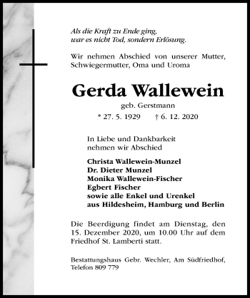 Traueranzeige von Gerda Wallewein von Hildesheimer Allgemeine Zeitung