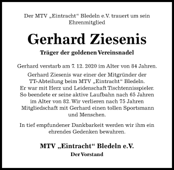 Traueranzeige von Gerhard Ziesenis von Hildesheimer Allgemeine Zeitung