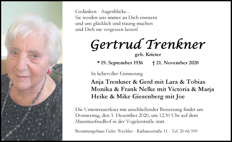  Traueranzeige für Gertrud Trenkner vom 01.12.2020 aus Hildesheimer Allgemeine Zeitung