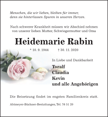 Traueranzeige von Heidemarie Rabin von Hildesheimer Allgemeine Zeitung