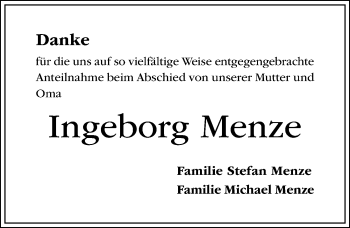 Traueranzeige von Ingeborg Menze von Hildesheimer Allgemeine Zeitung