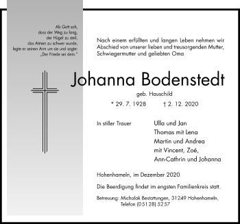 Traueranzeige von Johanna Bodenstedt von Hildesheimer Allgemeine Zeitung