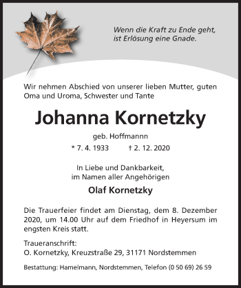 Traueranzeige von Johanna Kornetzky von Hildesheimer Allgemeine Zeitung