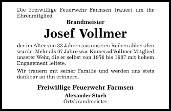 Traueranzeige von Josef Vollmer von Hildesheimer Allgemeine Zeitung