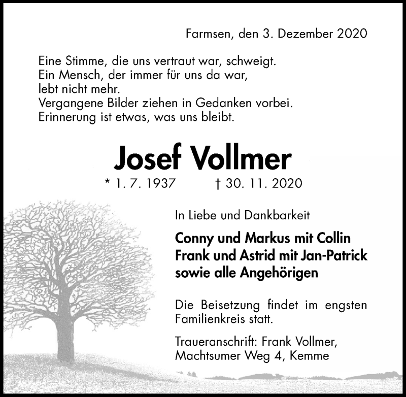  Traueranzeige für Josef Vollmer vom 03.12.2020 aus Hildesheimer Allgemeine Zeitung