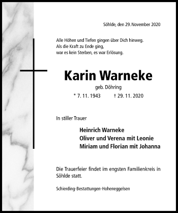 Traueranzeige von Karin Warneke von Hildesheimer Allgemeine Zeitung