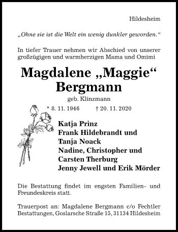 Traueranzeige von Magdalene Bergmann von Hildesheimer Allgemeine Zeitung