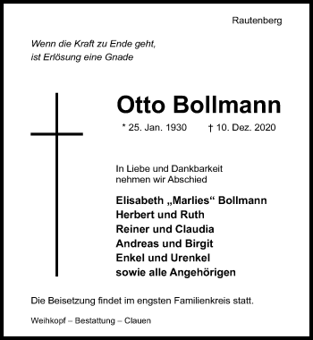 Traueranzeige von Otto Bollmann von Hildesheimer Allgemeine Zeitung