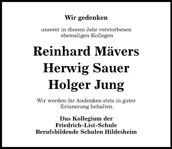 Traueranzeige von Reinhard Mävers von Hildesheimer Allgemeine Zeitung