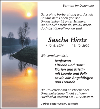 Traueranzeige von Sascha Hintz von Hildesheimer Allgemeine Zeitung