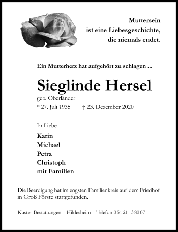 Traueranzeige von Sieglinde Hersel von Hildesheimer Allgemeine Zeitung