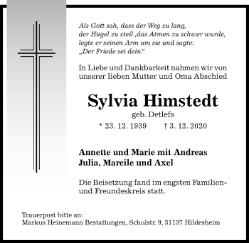 Traueranzeige von Sylvia Himstedt von Hildesheimer Allgemeine Zeitung