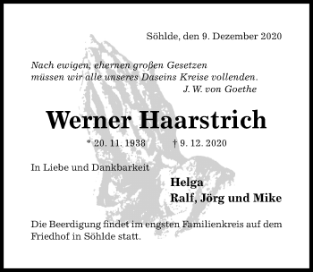 Traueranzeige von Werner Haarstrich von Hildesheimer Allgemeine Zeitung