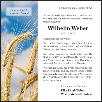 Traueranzeige von Wilhelm Weber von Hildesheimer Allgemeine Zeitung