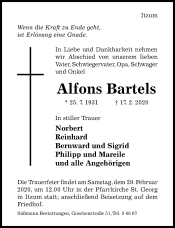 Traueranzeige von Alfons Bartels von Hildesheimer Allgemeine Zeitung