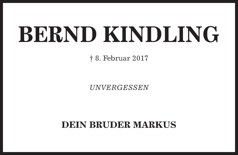  Traueranzeige für Bernd Kindling vom 08.02.2020 aus Hildesheimer Allgemeine Zeitung