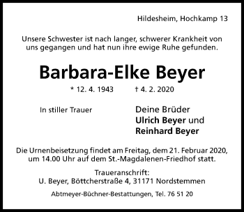 Traueranzeige von Barbara-Elke Beyer von Hildesheimer Allgemeine Zeitung