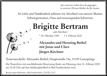 Traueranzeige von Brigitte Bertram von Hildesheimer Allgemeine Zeitung