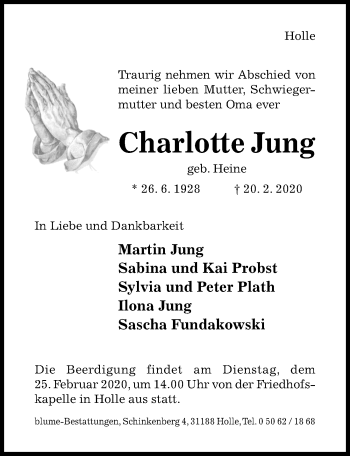 Traueranzeige von Charlotte Jung von Hildesheimer Allgemeine Zeitung