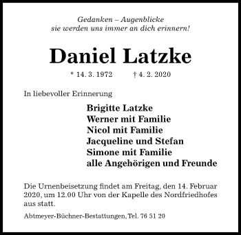 Traueranzeige von Daniel Latzke von Hildesheimer Allgemeine Zeitung