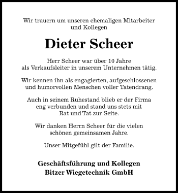 Traueranzeige von Dieter Scheer von Hildesheimer Allgemeine Zeitung