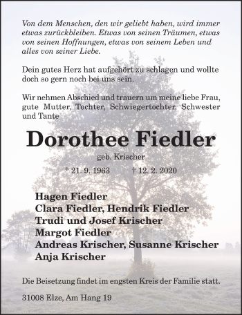Traueranzeige von Dorothee Fiedler von Hildesheimer Allgemeine Zeitung