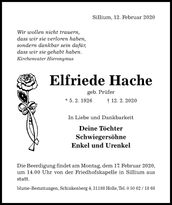 Traueranzeige von Elfriede Hache von Hildesheimer Allgemeine Zeitung