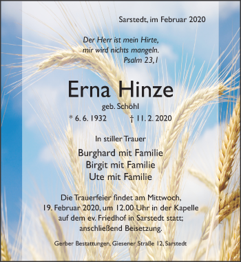 Traueranzeige von Erna Hinze von Hildesheimer Allgemeine Zeitung