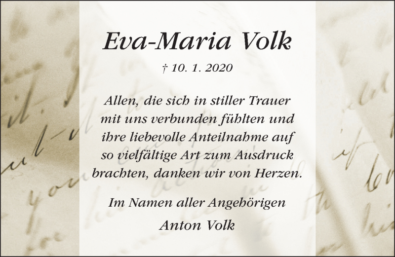  Traueranzeige für Eva Maria Volk vom 19.02.2020 aus Hildesheimer Allgemeine Zeitung