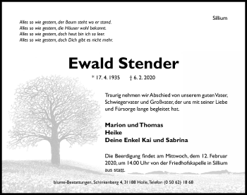 Traueranzeige von Ewald Stender von Hildesheimer Allgemeine Zeitung