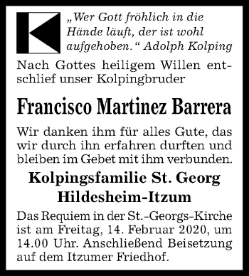 Traueranzeige von Francisco Martinez Barrera von Hildesheimer Allgemeine Zeitung