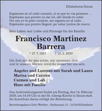 Traueranzeige von Francisco Martinez Barrera von Hildesheimer Allgemeine Zeitung