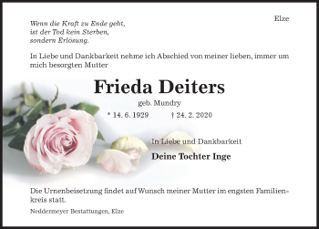 Traueranzeige von Frieda Deiters von Hildesheimer Allgemeine Zeitung