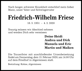 Traueranzeige von Friedrich-Wilhelm Friese von Hildesheimer Allgemeine Zeitung