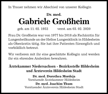 Traueranzeige von Gabriele Großheim von Hildesheimer Allgemeine Zeitung