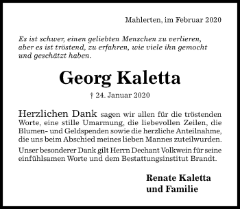 Traueranzeige von Georg Kaletta von Hildesheimer Allgemeine Zeitung