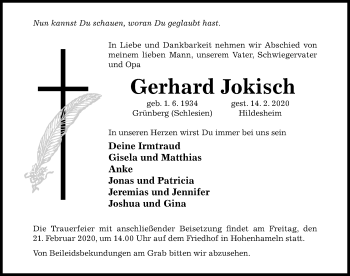 Traueranzeige von Gerhard Jokisch von Hildesheimer Allgemeine Zeitung