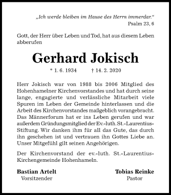 Traueranzeige von Gerhard Jokisch von Hildesheimer Allgemeine Zeitung