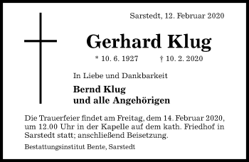 Traueranzeige von Gerhard Klug von Hildesheimer Allgemeine Zeitung