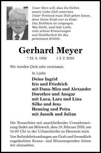 Traueranzeige von Gerhard Meyer von Hildesheimer Allgemeine Zeitung