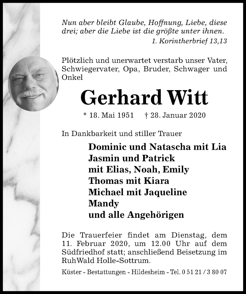  Traueranzeige für Gerhard Witt vom 06.02.2020 aus Hildesheimer Allgemeine Zeitung