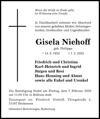 Traueranzeige von Gisela Niehoff von Hildesheimer Allgemeine Zeitung