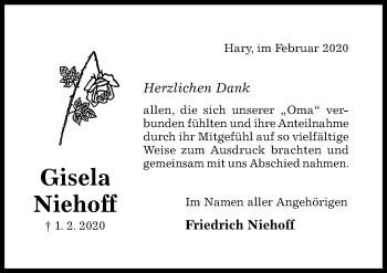 Traueranzeige von Gisela Niehoff von Hildesheimer Allgemeine Zeitung