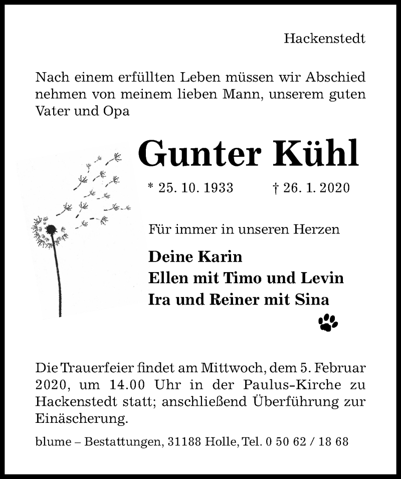  Traueranzeige für Gunter Kühl vom 01.02.2020 aus Hildesheimer Allgemeine Zeitung