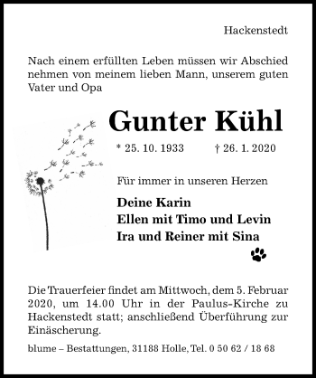 Traueranzeige von Gunter Kühl von Hildesheimer Allgemeine Zeitung