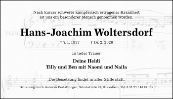 Traueranzeige von Hans-Joachim Woltersdorf von Hildesheimer Allgemeine Zeitung